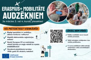 Plakāts: Erasmus+ mobilitāte audzēkņiem. Ja mācies 3. vai 4. kursā, piesakies! Iepazīsties ar nolikumu, aizpildi reģistrācijas anketu, nosūti Europass CV un motivācijas vēstuli latviešu un angļu valodā uz projekti@rvt.lv. Termiņš 2026. gada 25. oktobris ieskaitot. Līdzfinansē Eiropas Savienība.