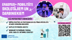 Plakāts: Erasmus+ mobilitāte skolotājiem un darbiniekiem. Kā pieteikties: iepazīties ar atlases konkursa nolikumu, aizpildīt pieteikuma anketu, termiņš 2026. gada 25. oktobris ieskaitot. Līdzfinansē Eiropas Savienība.