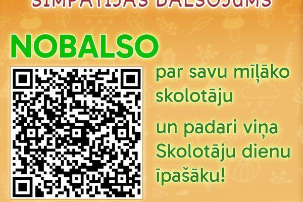 Plakāts: Skolotāju diena 2026, simpātijas balsojums. Nobalso par savu mīļāko skolotāju! Balsošana atvērta līdz 2. oktobrim.
